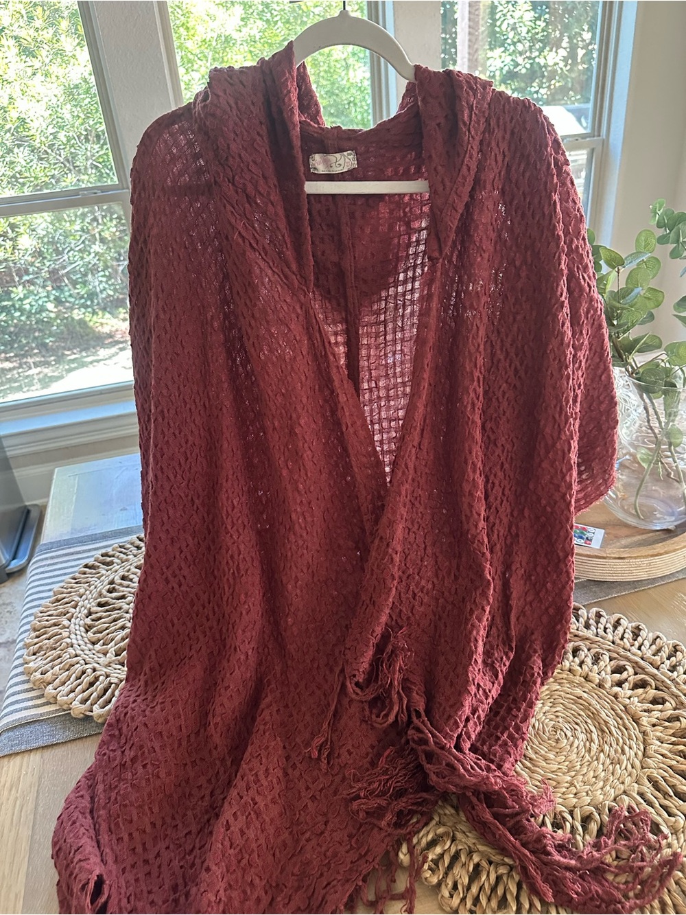 Free People Open-Weave Hooded Fringe Sweater Wrap - Burgundy